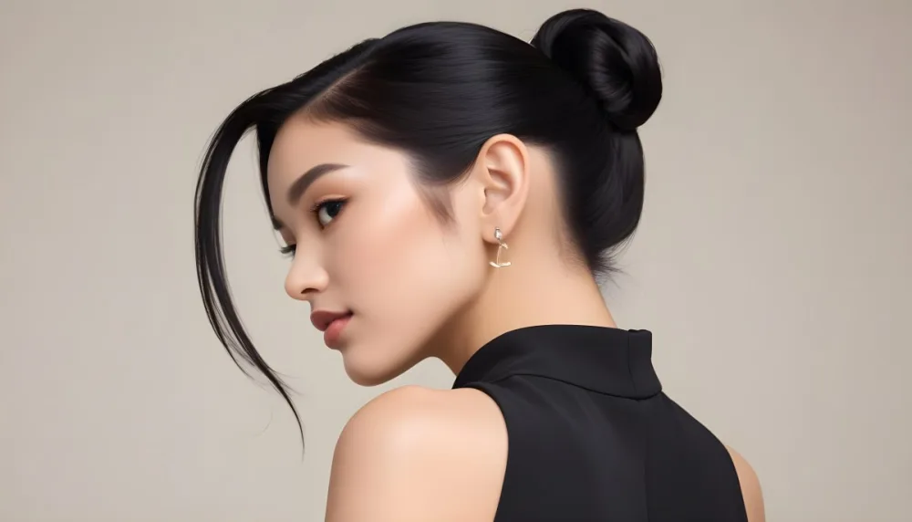 A Young Asian Woman With Light Skin And Long Black Hair Styled In A Sleek Updo Showcasing A Profile View She Has Subtle Makeup With Emphasis On Her Eyes And Lips Wearing A Small Earring The Background Is A Soft Li 31 3a85