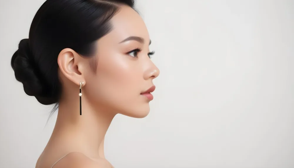 A Young Asian Woman With Light Skin And Long Black Hair Styled In A Sleek Updo Showcasing A Profile View She Has Subtle Makeup With Emphasis On Her Eyes And Lips Wearing A Small Earring The Background Is A Soft Li 40 1b5e