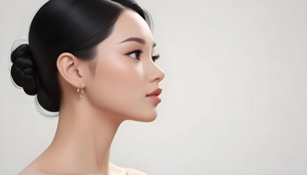 A Young Asian Woman With Light Skin And Long Black Hair Styled In A Sleek Updo Showcasing A Profile View She Has Subtle Makeup With Emphasis On Her Eyes And Lips Wearing A Small Earring The Background Is A Soft Li 5 5d4f