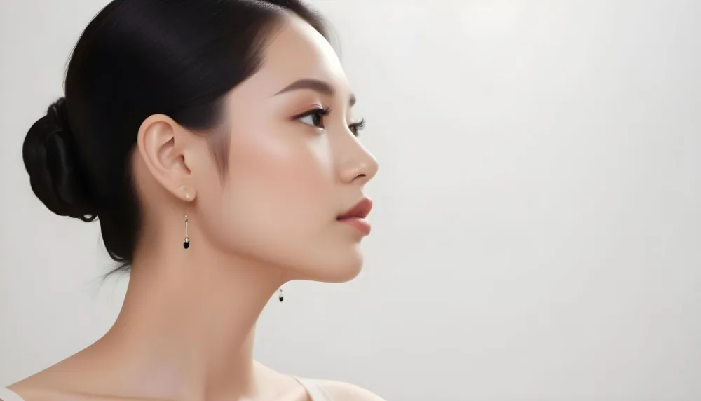 A Young Asian Woman With Light Skin And Long Black Hair Styled In A Sleek Updo Showcasing A Profile View She Has Subtle Makeup With Emphasis On Her Eyes And Lips Wearing A Small Earring The Background Is A Soft Li 51 478d