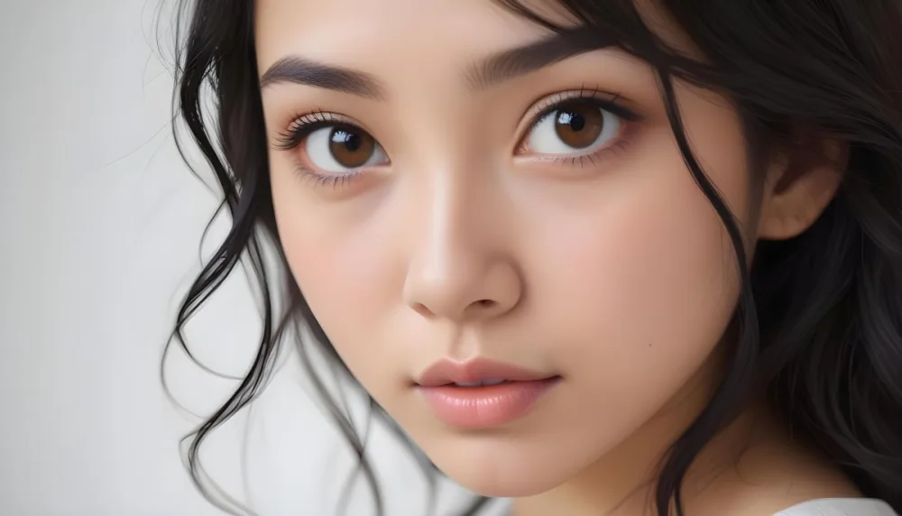 A Young Asian Woman With Light Skin And Long Wavy Black Hair She Has Large Brown Eyes Subtle Makeup And A Natural Expression The Background Is A Soft Light Color Emphasizing Her Features 20 Ec15