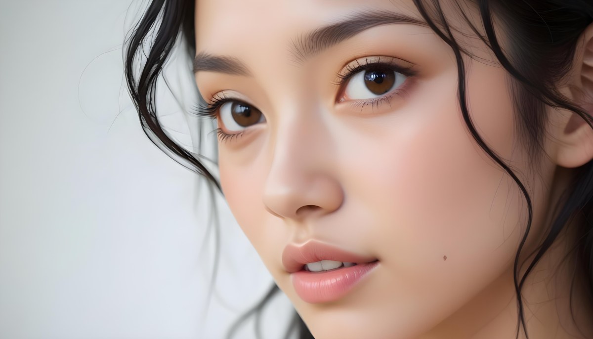 A Young Asian Woman With Light Skin And Long Wavy Black Hair She Has Large Brown Eyes Subtle Makeup And A Natural Expression The Background Is A Soft Light Color Emphasizing Her Features 9 E399