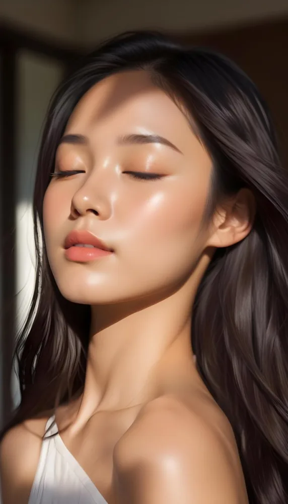 A Young Asian Woman With Long Dark Hair And A Glowing Complexion Her Eyes Closed And Lips Slightly Parted Appearing Serene And Peaceful In A Sunlit Room 2
