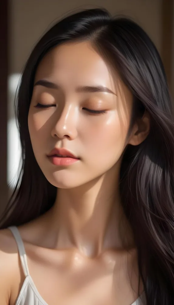 A Young Asian Woman With Long Dark Hair And A Glowing Complexion Her Eyes Closed And Lips Slightly Parted Appearing Serene And Peaceful In A Sunlit Room 6