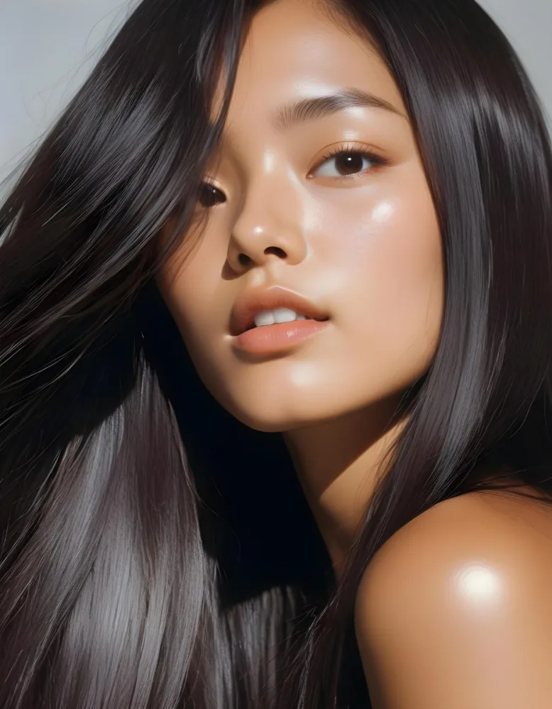 A Young Asian Woman With Long Dark Hair Glowing Skin And Natural Makeup 48 815e