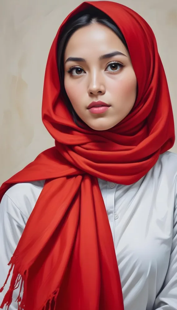 A Young Asian Woman With Long Dark Hair Wearing A Bright Red Hijab Looking Directly At The Camera With A Serious Expression In A Bright Room 7 911f