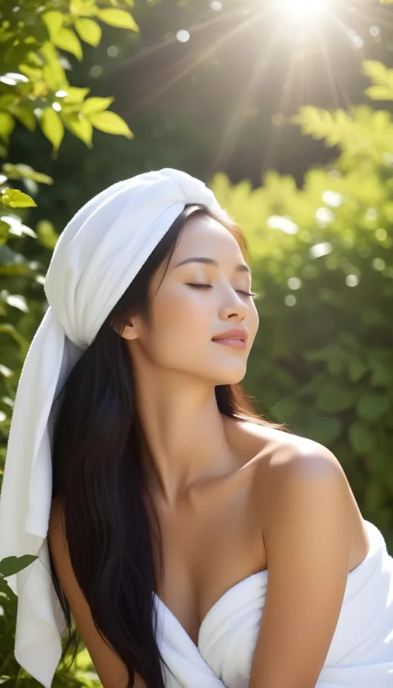 A Young Asian Woman With Long Dark Hair Wearing A White Towel Eyes Closed Enjoying A Moment Of Relaxation In A Sunny Garden 6 C2f1