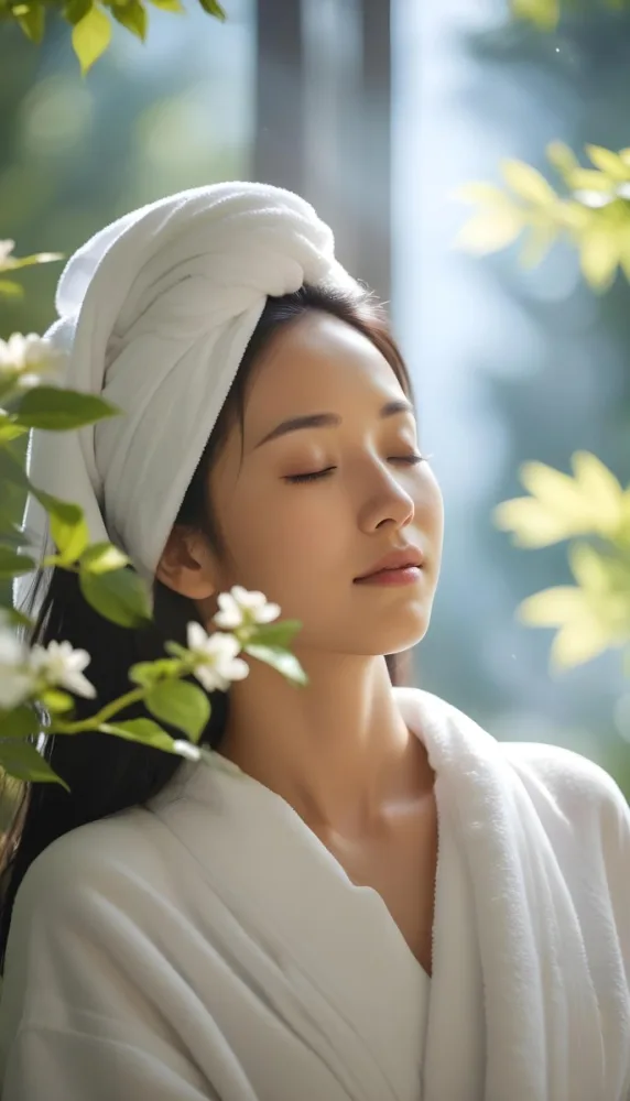 A Young Asian Woman With Long Dark Hair Wearing A White Towel Eyes Closed Enjoying A Moment Of Relaxation In A Sunny Garden 7 95c9