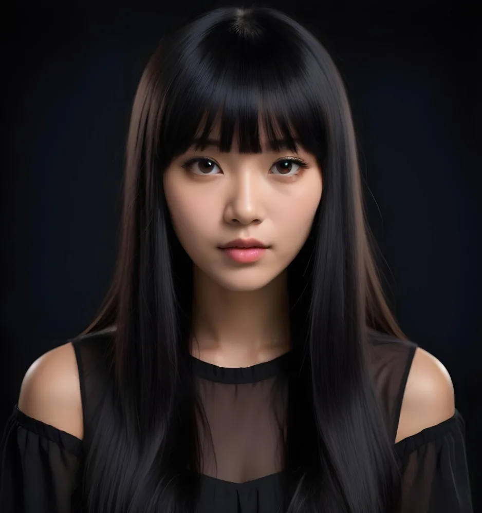 A Young Asian Woman With Long Straight Black Hair And Bangs Wearing A Black Top Against A Dark Background 19 8a98