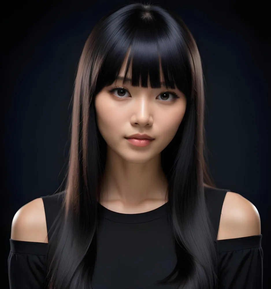 A Young Asian Woman With Long Straight Black Hair And Bangs Wearing A Black Top Against A Dark Background 21 9453