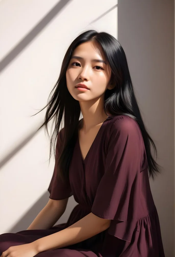A Young Asian Woman With Long Straight Black Hair Covering Part Of Her Face Wearing A Summer Dress In Bright Sunlight 11 40e8