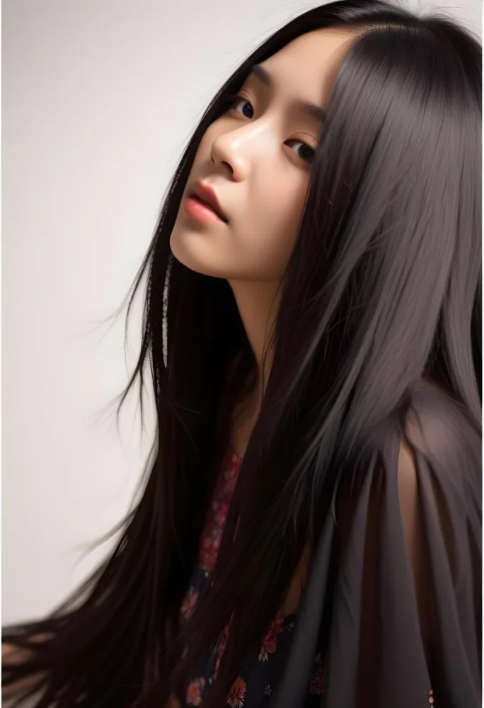 A Young Asian Woman With Long Straight Black Hair Covering Part Of Her Face Wearing A Summer Dress In Bright Sunlight 12 548c