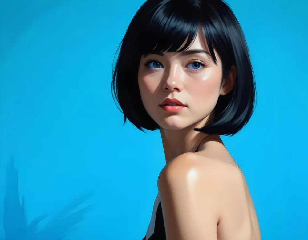 A Young Asian Woman With Short Black Hair And Blue Eyes Wearing A Black Dress Against A Bright Blue Background 1 8ed1