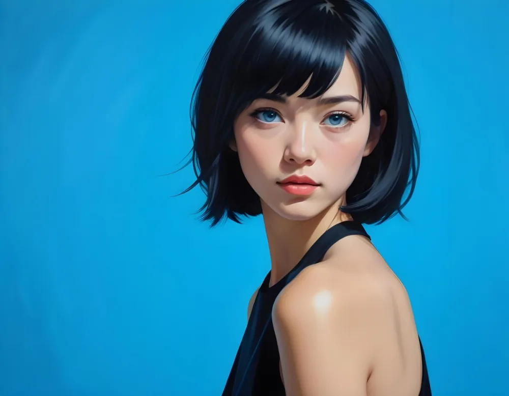 A Young Asian Woman With Short Black Hair And Blue Eyes Wearing A Black Dress Against A Bright Blue Background 3 Af33