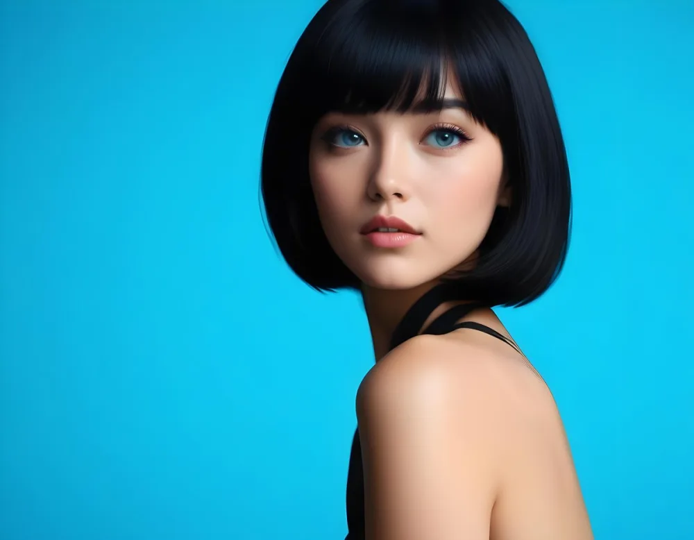A Young Asian Woman With Short Black Hair And Blue Eyes Wearing A Black Dress Against A Bright Blue Background 32 78ee