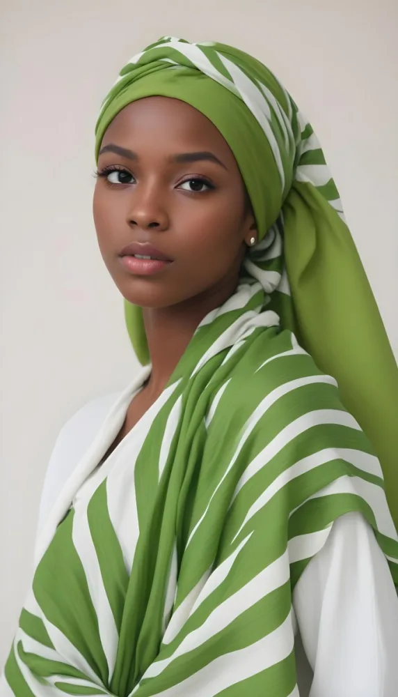 A Young Black Woman With Dark Skin And Full Lips Wearing A Green And White Striped Headscarf And A Green And White Striped Dress Against A Plain Background 24 F4a9