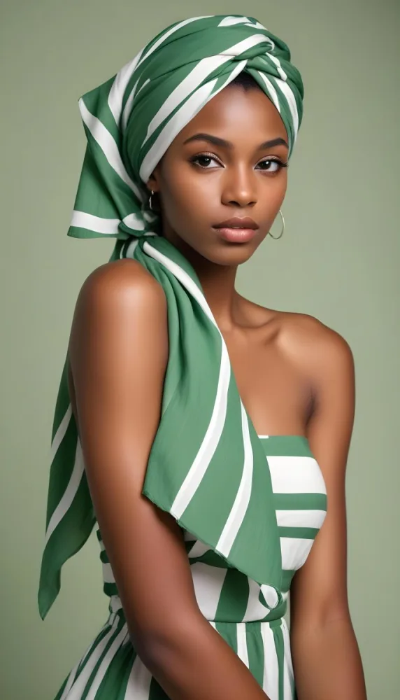 A Young Black Woman With Dark Skin And Full Lips Wearing A Green And White Striped Headscarf And A Green And White Striped Dress Against A Plain Background 37 B1cb