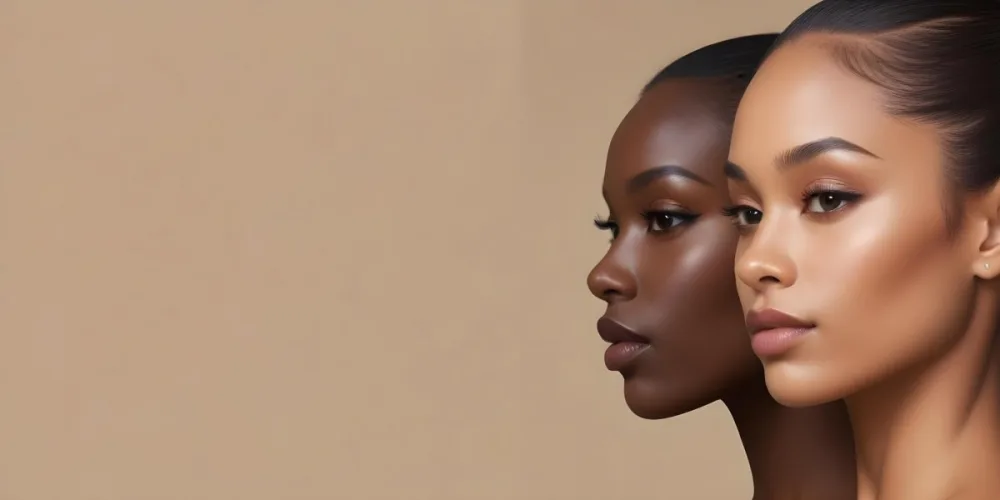 A Young Black Woman With Dark Skin And Long Straight Hair Styled Back Showcasing Her Profile She Has A Subtle Makeup Look With Highlighted Cheekbones And A Dark Lip Color The Background Is A Soft Neutral Beige Tone 62 118a