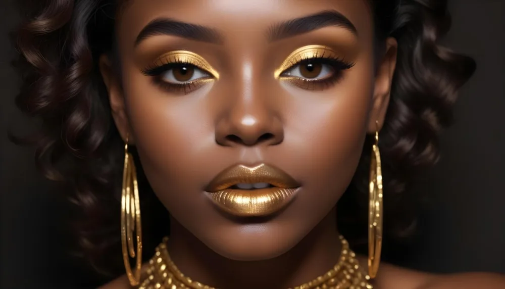 A Young Black Woman With Dark Skin Around 20 Years Old Showcasing Striking Makeup With Golden Eyeshadow And Metallic Gold Lips She Has Dark Wavy Hair And Is Wearing Large Gold Earrings The Background Is Dark Em 1527