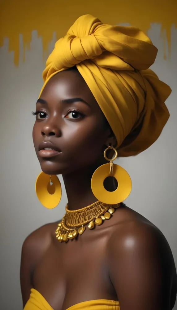 A Young Black Woman With Dark Skin Wearing A Yellow Headwrap And Large Yellow Earrings She Has A Serious Expression On Her Face And The Background Is Dark 3 2411