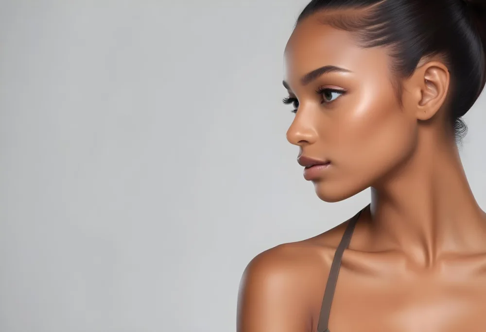 A Young Black Woman With Medium Brown Skin And A Sleek Ponytail Showcasing Her Profile She Has Defined Cheekbones And Is Wearing Minimal Makeup With A Focus On Her Eyes And Lips The Background Is A Soft Light Gray 10 189b