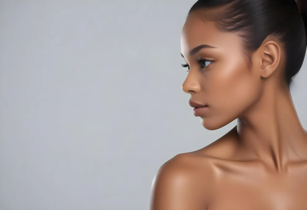 A Young Black Woman With Medium Brown Skin And A Sleek Ponytail Showcasing Her Profile She Has Defined Cheekbones And Is Wearing Minimal Makeup With A Focus On Her Eyes And Lips The Background Is A Soft Light Gray 7 4707