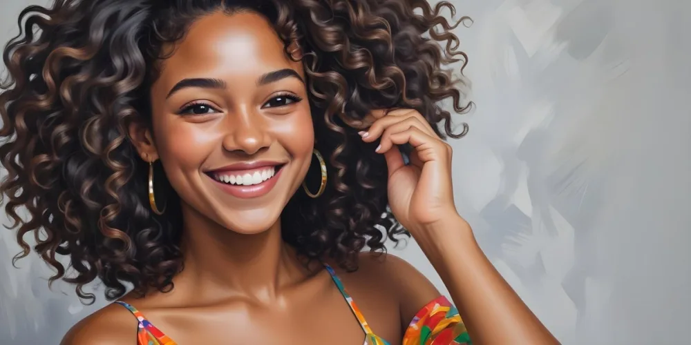 A Young Black Woman With Medium Brown Skin And Curly Hair Smiling While Touching Her Hair She Has A Bright Smile And Is Wearing A Colorful Dress The Background Is A Soft Gray 1 8b2f