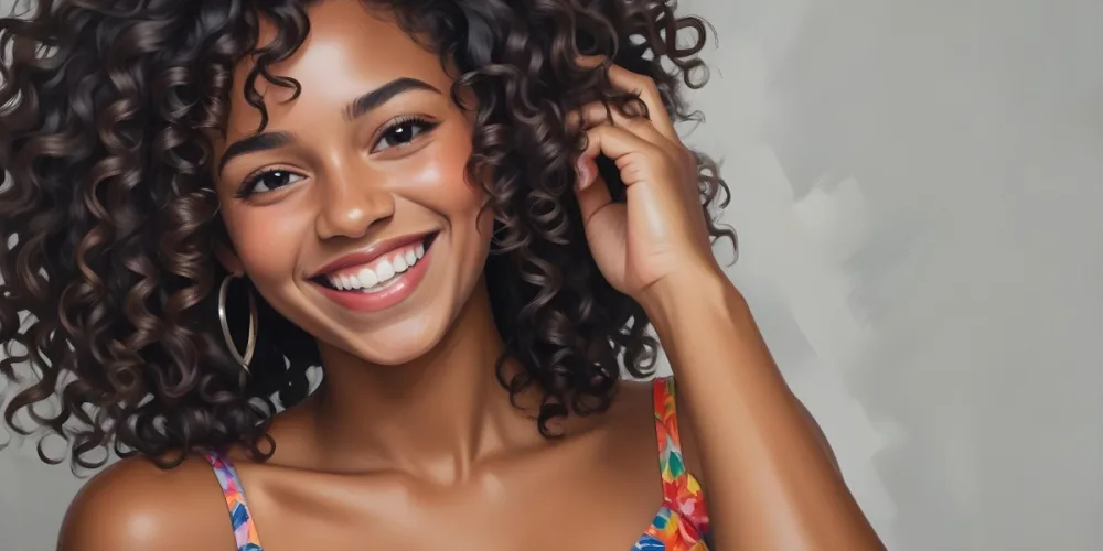 A Young Black Woman With Medium Brown Skin And Curly Hair Smiling While Touching Her Hair She Has A Bright Smile And Is Wearing A Colorful Dress The Background Is A Soft Gray 10 55b7