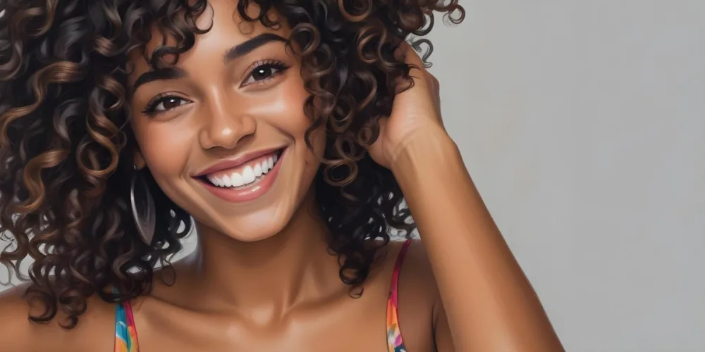 A Young Black Woman With Medium Brown Skin And Curly Hair Smiling While Touching Her Hair She Has A Bright Smile And Is Wearing A Colorful Dress The Background Is A Soft Gray 11 42e1