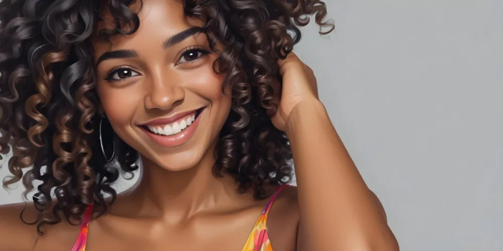 A Young Black Woman With Medium Brown Skin And Curly Hair Smiling While Touching Her Hair She Has A Bright Smile And Is Wearing A Colorful Dress The Background Is A Soft Gray 12 C0df