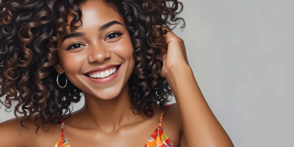 A Young Black Woman With Medium Brown Skin And Curly Hair Smiling While Touching Her Hair She Has A Bright Smile And Is Wearing A Colorful Dress The Background Is A Soft Gray 14 75fe