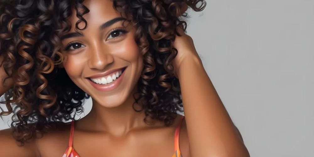 A Young Black Woman With Medium Brown Skin And Curly Hair Smiling While Touching Her Hair She Has A Bright Smile And Is Wearing A Colorful Dress The Background Is A Soft Gray 15 65f1