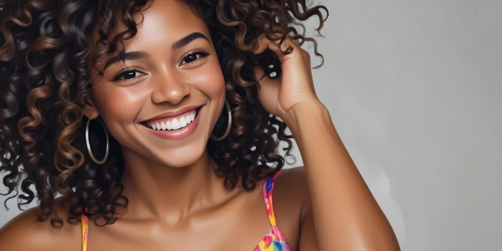 A Young Black Woman With Medium Brown Skin And Curly Hair Smiling While Touching Her Hair She Has A Bright Smile And Is Wearing A Colorful Dress The Background Is A Soft Gray 17 6383