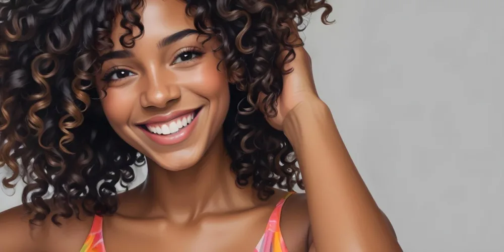 A Young Black Woman With Medium Brown Skin And Curly Hair Smiling While Touching Her Hair She Has A Bright Smile And Is Wearing A Colorful Dress The Background Is A Soft Gray 18 1a82