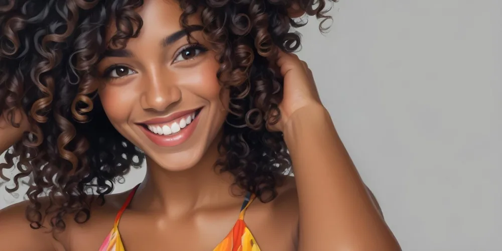 A Young Black Woman With Medium Brown Skin And Curly Hair Smiling While Touching Her Hair She Has A Bright Smile And Is Wearing A Colorful Dress The Background Is A Soft Gray 20 9e01