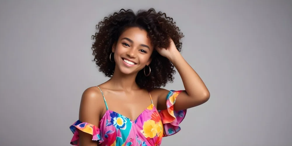 A Young Black Woman With Medium Brown Skin And Curly Hair Smiling While Touching Her Hair She Has A Bright Smile And Is Wearing A Colorful Dress The Background Is A Soft Gray 21 F2ba