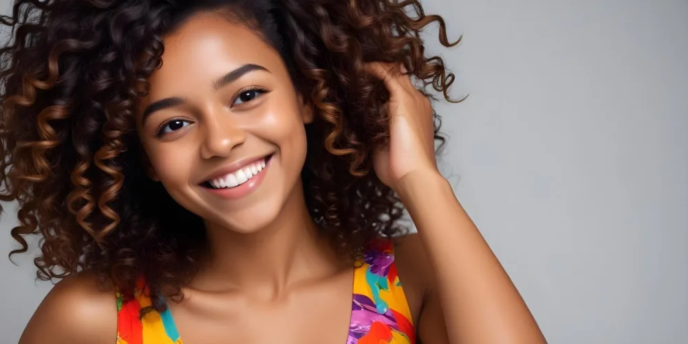 A Young Black Woman With Medium Brown Skin And Curly Hair Smiling While Touching Her Hair She Has A Bright Smile And Is Wearing A Colorful Dress The Background Is A Soft Gray 22 17e4