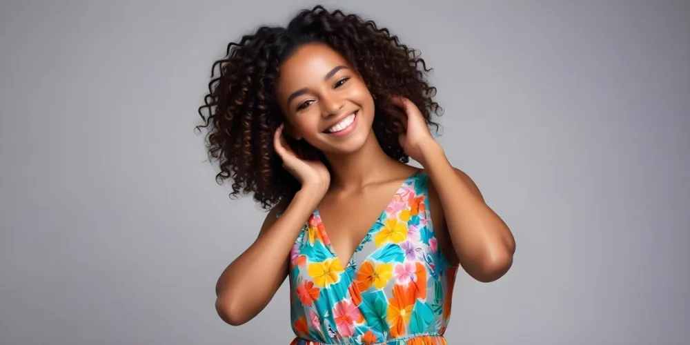 A Young Black Woman With Medium Brown Skin And Curly Hair Smiling While Touching Her Hair She Has A Bright Smile And Is Wearing A Colorful Dress The Background Is A Soft Gray 25 Cff5