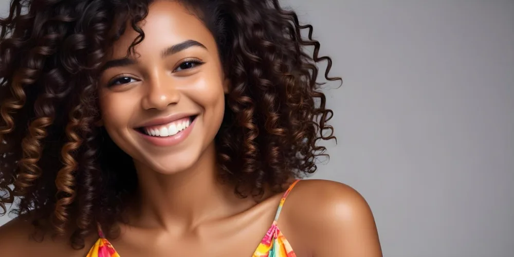A Young Black Woman With Medium Brown Skin And Curly Hair Smiling While Touching Her Hair She Has A Bright Smile And Is Wearing A Colorful Dress The Background Is A Soft Gray 26 1b4a