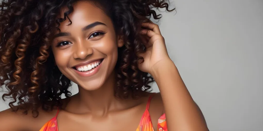 A Young Black Woman With Medium Brown Skin And Curly Hair Smiling While Touching Her Hair She Has A Bright Smile And Is Wearing A Colorful Dress The Background Is A Soft Gray 28 C481