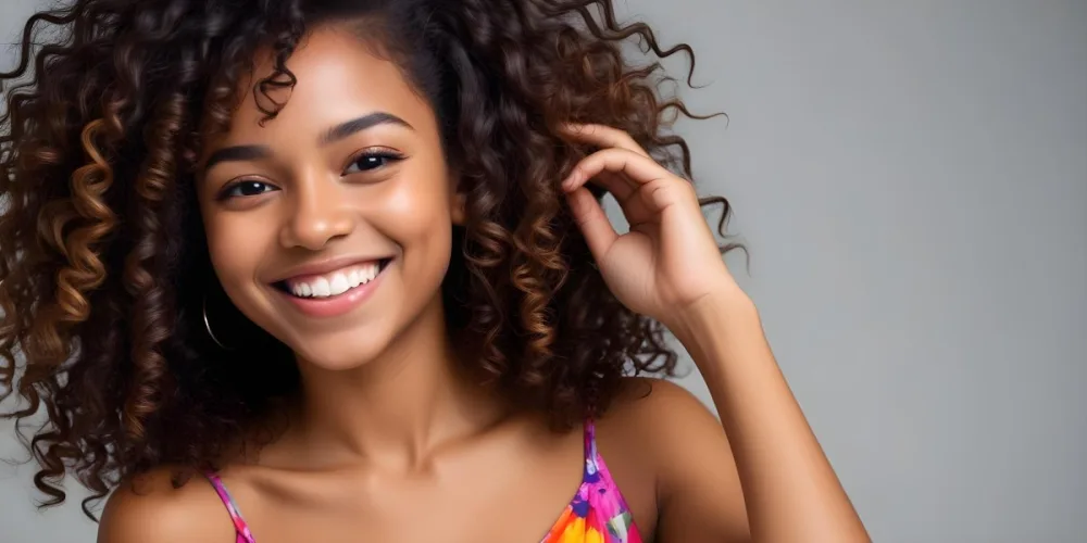A Young Black Woman With Medium Brown Skin And Curly Hair Smiling While Touching Her Hair She Has A Bright Smile And Is Wearing A Colorful Dress The Background Is A Soft Gray 31 0cfe
