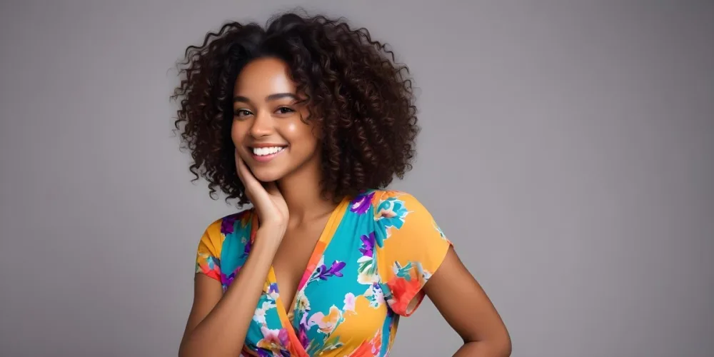 A Young Black Woman With Medium Brown Skin And Curly Hair Smiling While Touching Her Hair She Has A Bright Smile And Is Wearing A Colorful Dress The Background Is A Soft Gray 32 B3d3