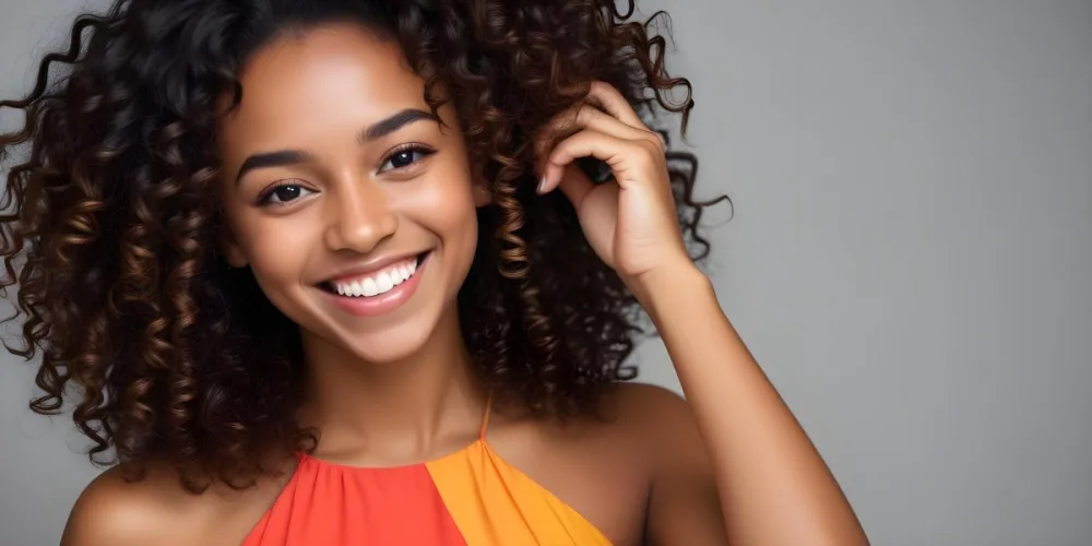 A Young Black Woman With Medium Brown Skin And Curly Hair Smiling While Touching Her Hair She Has A Bright Smile And Is Wearing A Colorful Dress The Background Is A Soft Gray 33 7528
