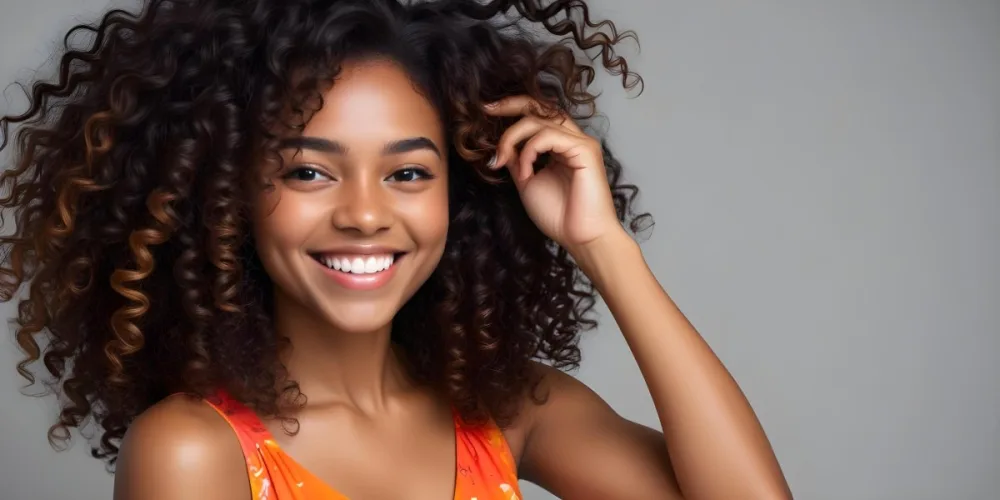 A Young Black Woman With Medium Brown Skin And Curly Hair Smiling While Touching Her Hair She Has A Bright Smile And Is Wearing A Colorful Dress The Background Is A Soft Gray 35 8e1e