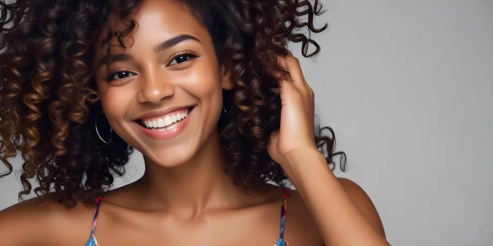A Young Black Woman With Medium Brown Skin And Curly Hair Smiling While Touching Her Hair She Has A Bright Smile And Is Wearing A Colorful Dress The Background Is A Soft Gray 36 7d82