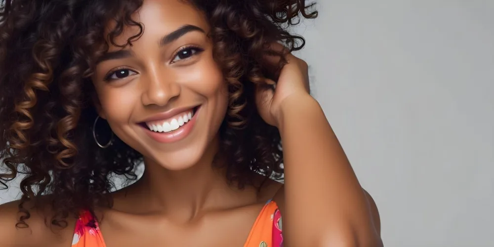 A Young Black Woman With Medium Brown Skin And Curly Hair Smiling While Touching Her Hair She Has A Bright Smile And Is Wearing A Colorful Dress The Background Is A Soft Gray 38 4922