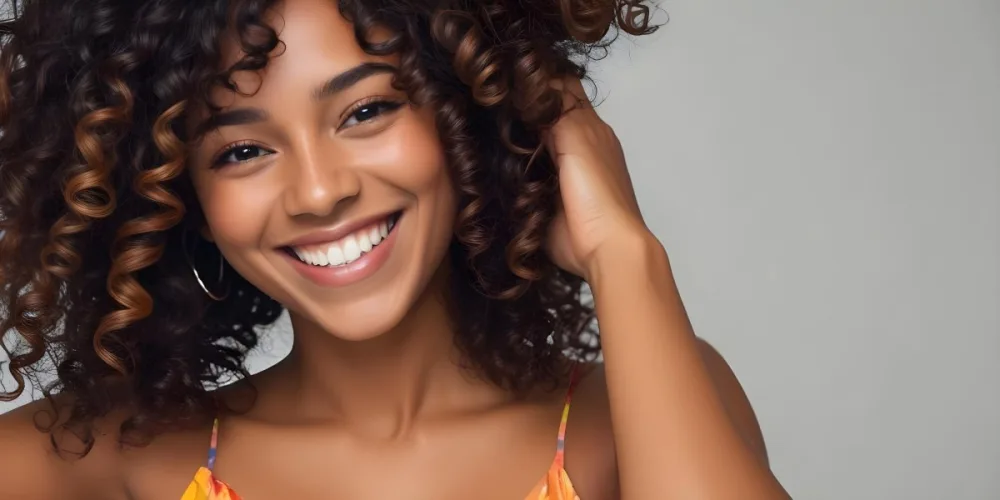 A Young Black Woman With Medium Brown Skin And Curly Hair Smiling While Touching Her Hair She Has A Bright Smile And Is Wearing A Colorful Dress The Background Is A Soft Gray 46 Efc6