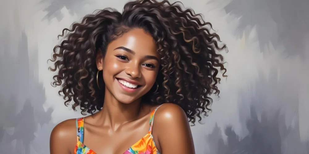 A Young Black Woman With Medium Brown Skin And Curly Hair Smiling While Touching Her Hair She Has A Bright Smile And Is Wearing A Colorful Dress The Background Is A Soft Gray 5 6c1b