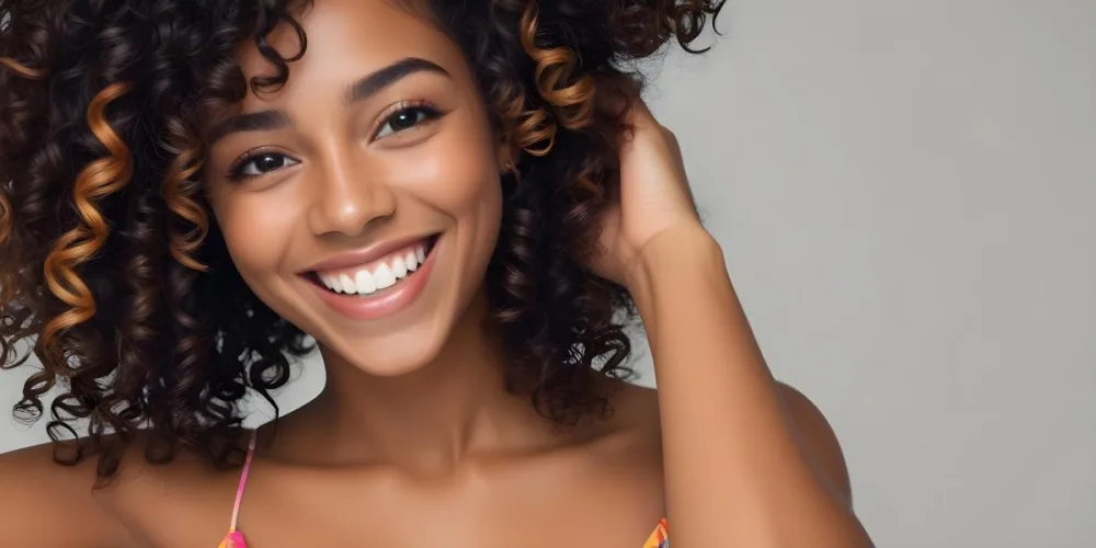A Young Black Woman With Medium Brown Skin And Curly Hair Smiling While Touching Her Hair She Has A Bright Smile And Is Wearing A Colorful Dress The Background Is A Soft Gray 50 B30d