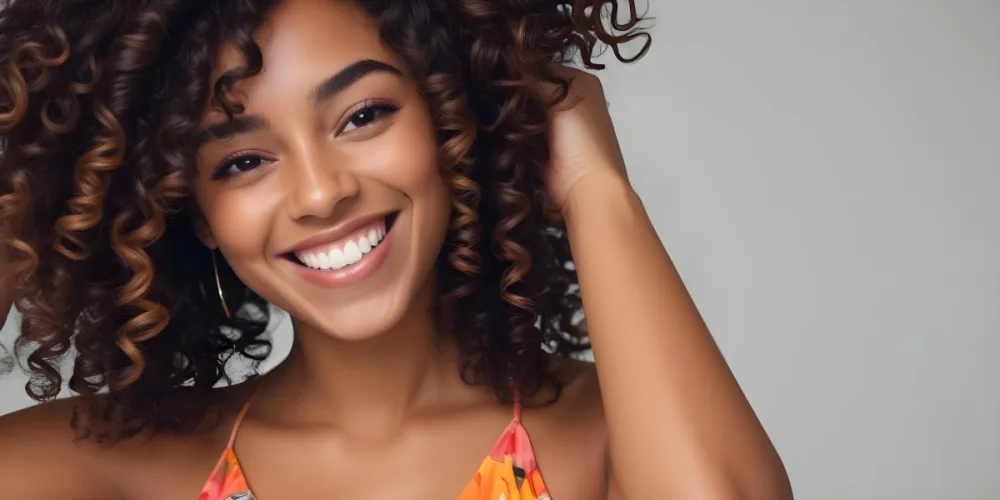 A Young Black Woman With Medium Brown Skin And Curly Hair Smiling While Touching Her Hair She Has A Bright Smile And Is Wearing A Colorful Dress The Background Is A Soft Gray 51 73bf